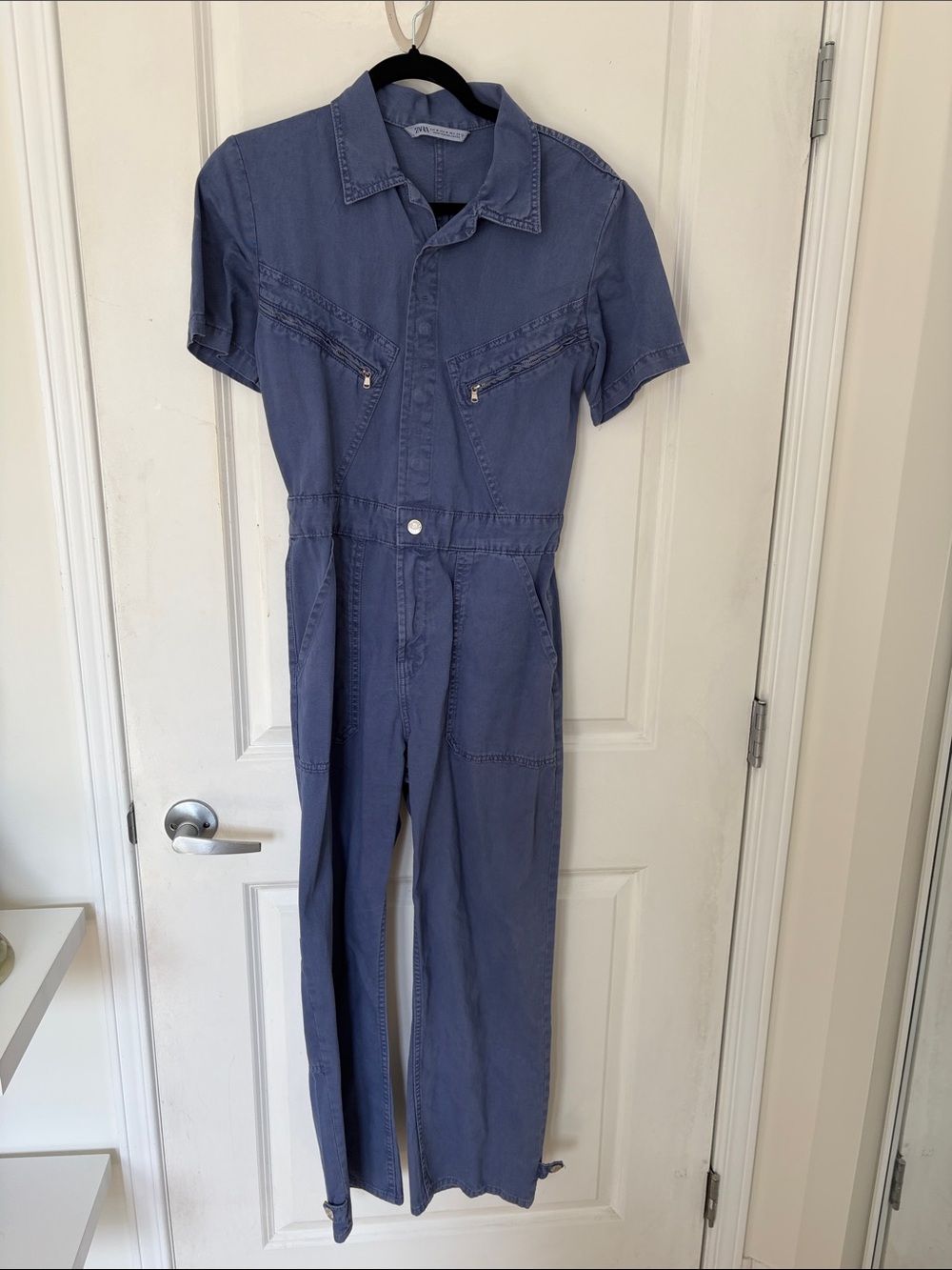 Zara Short-Sleeve Utility Jumpsuit in Slate Blue